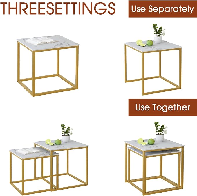 Garden 4 you Coffee Table Set of 2, Modern Engineered Wood Nesting Table, Metal Frame Square Center Table Set, Side Tables, Nesting Coffee Table for Living Room, Bedroom and Small Spaces, 19.7in Gold