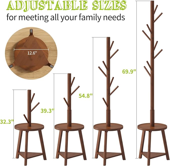 BMOSU Coat Rack freestanding Stand with 2 Shelves Bamboo Wooden Coat Tree Easy Assembly 8 Hooks Standing Jackets Hanger Hallway Office Floor Coat Stand Brown