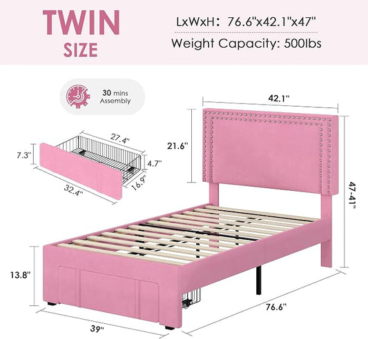 VECELO Twin Size Upholstered Bed Frame with Storage Drawer, Adjustable Velvet Rivet Decor Headboard, Wooden Slats Platform Support, No Box Spring Needed, Easy Assembly,Pink