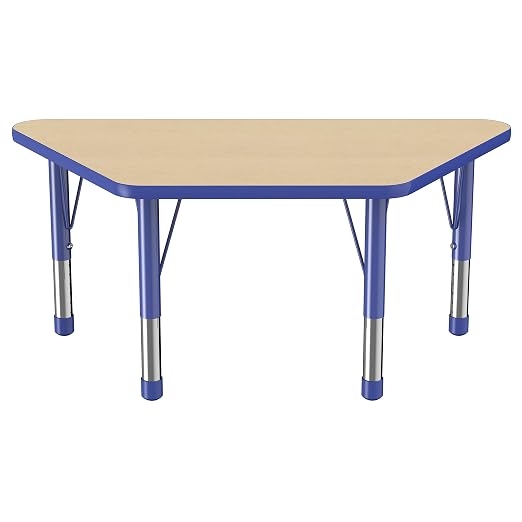 FDP Trapezoid Activity School and Classroom Kids Table (24 x 48 inch), Chunky Toddler Legs for Collaborative Seating Environments, Adjustable Height 15-24 inches - Maple Top and Blue Edge