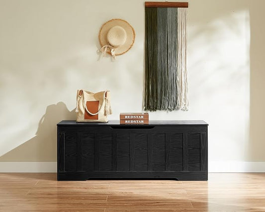 VANKILEY 51.2" Storage Chest Extra Large,Storage Bench with 2 Safety Hinges,Shoe Bench,51.2 * 15.7 * 19.1 inches,Wooden Trunk for Bedroom,livingroom,entryway,Supports 220 lb,Easy Assembly(Black).