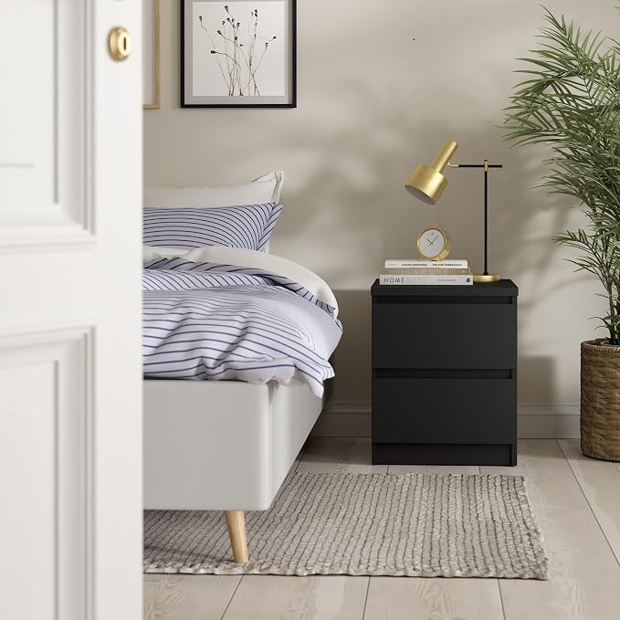 2 Drawer Nightstand, Black Matte | Contemporary Design, Handle-Free