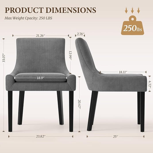 Modern Dining Room Chairs Set of 2 with Mid Back and Wood Legs, Upholstered Kitchen Chairs for Dining Room/Living Room, Dark Grey