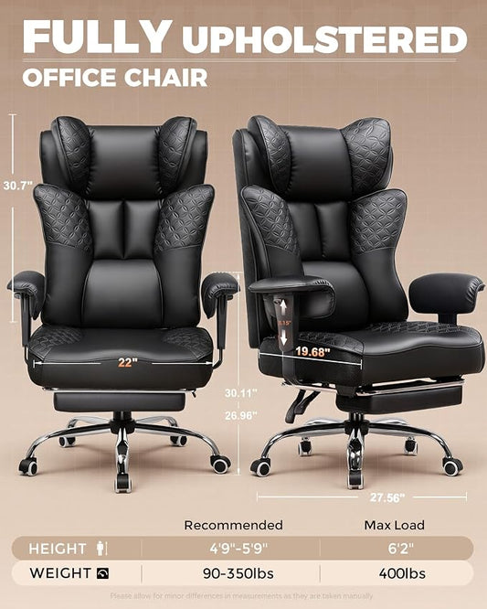 GTPLAYER Big and Tall Office Chair Wide Ergonomic Gaming Chair with Deluxe Embossing Designed Leather with Foot Rest,150°Reclining Adjustable Soft Armrests Pocket Spring Back Support and Pillow
