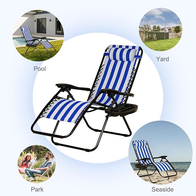 Nazhura Set of 2 Relaxing Recliners Patio Chairs Adjustable Steel Mesh Zero Gravity Lounge Chair Beach Chairs with Pillow and Cup Holder (Navy Blue Stripe)