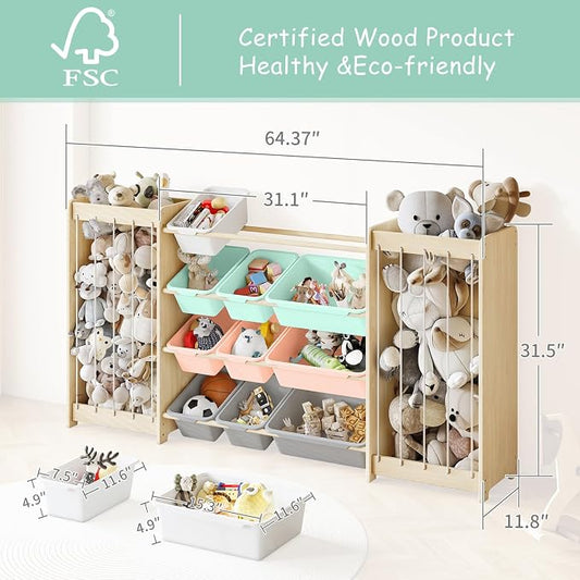 EXPERLAM Large Toy Storage Organizer, Wooden Stuffed Animal Storage & 12-Bins Toy Organizer, Double-Sided Plush Toy Holder Featuring Thicker Ropes, Space Save Playroom Bedroom Nursery Storage, Multi