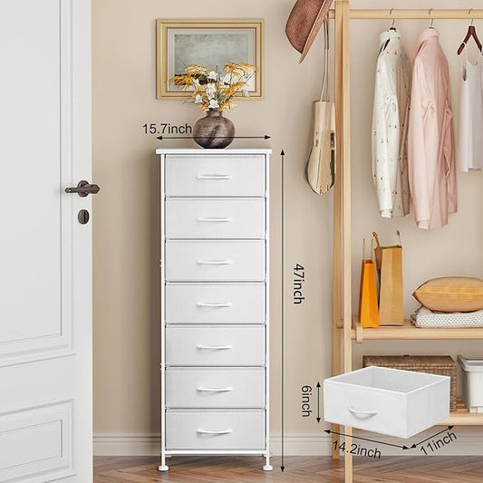Fixwal Tall Narrow White Dresser for Bedroom, Storage Dresser Organizer in Closet with 7 Fabric Drawers, Nightstand for Dorm