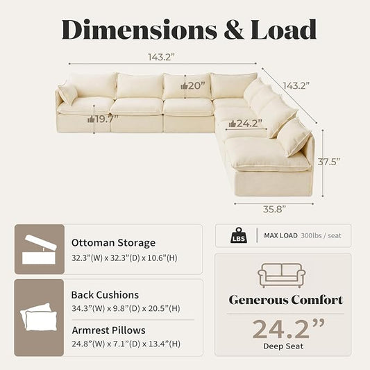 Cloud Modular Corner Sectional, Oversized Deep Seat Comfort, Luxe Chenille | Fully Removable Washable Covers, Memory Foam Seat Cushions, Premium Fabric