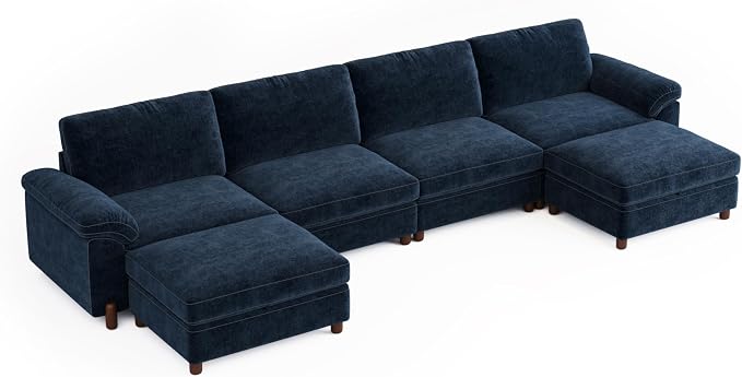 SITJOY Large Cloud Couch, 149" Wide 4 Seater U Shape, Chenille in Navy Blue | Detachable and Washable Chenille Cover Sectional Sofas for Living Room, Deep Seat Wide Couch with Chaise, Storage Ottoman