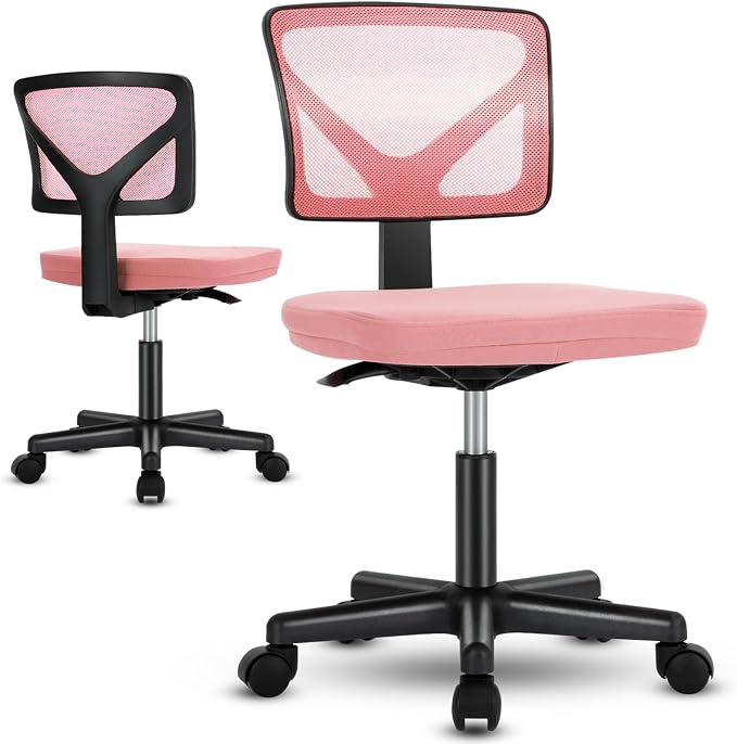 Sweetcrispy Small Desk Chair, Ergonomic Low-Back Mesh Rolling Work Swivel Chairs with Wheels, Armless Comfortable Seat Lumbar Support for Home, Bedroom, Study, Student, Adults,Classic Pink