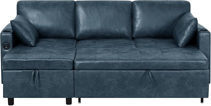 84" L-Shape Pull Out Sofa Bed with Adjustable Backrest, Upholstered Sectional Sleeper Sofa with Storage Chaise, Suede Leather Reversible Couch Bed with USB Port for Living Room, House, Blue