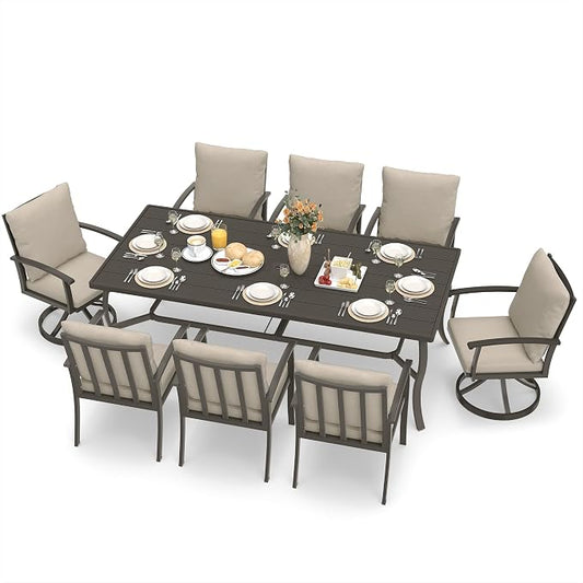 HAPPATIO Aluminum 9 Piece Patio Dining Sets, Outdoor Dining Set for 8, Patio Furniture Sets, 2 Swivel Dining Chairs, 6 Dining Chairs, Aluminum Furniture Set for Patio, Yard (Black)