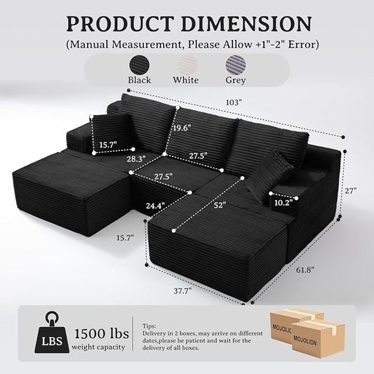 103" Modular Sectional Sofa, Comfort U Shaped Boneless Couch for Living Room, Extra Deep Seats No Assembly, Corduroy (Black, 3 Seater + 2 Ottomans)