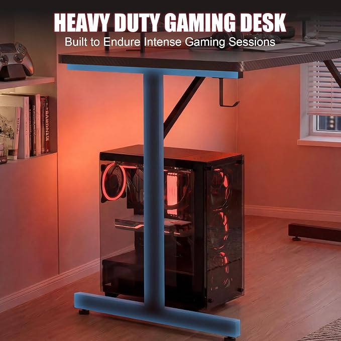 GTPLAYER 55 Inch Gaming Desk with LED Lights, Large Computer Desk with Mouse Pad for Home Office, T-Shaped Carbon Fibre Surface PC Game Workstations with Headphone Hook