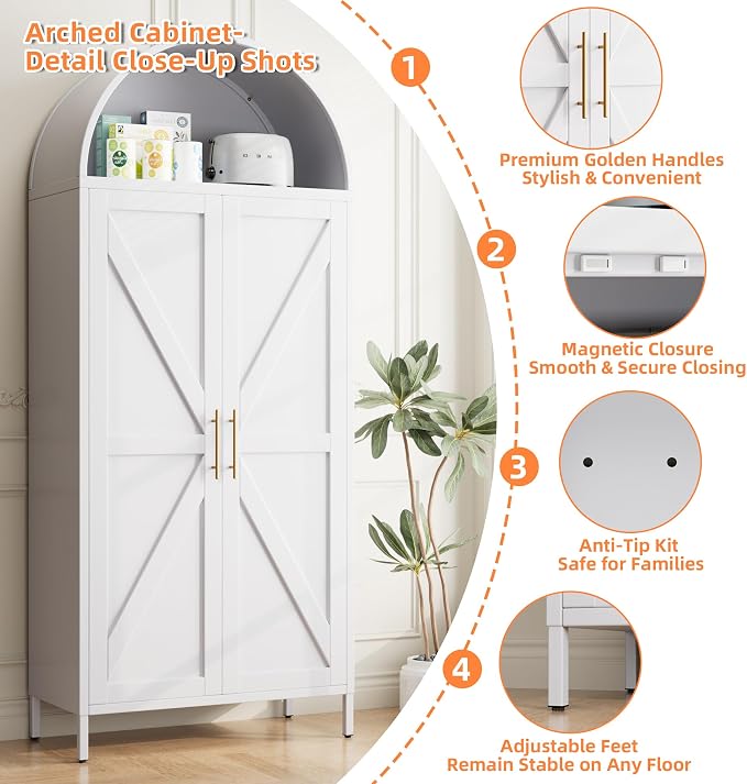 72.8" H White Metal Arched Pantry Cabinet, 30.7" W, 2-Door | Kitchen storage cupboard with 6 adjustable shelves, and anti-tip kit for pantry, dining, laundry, or bath, Assembly Required