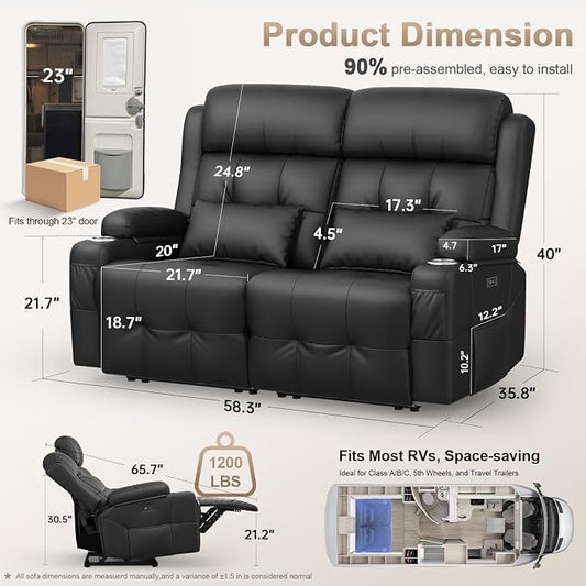 Power Reclining Loveseat with Massage & Heat,Wall Hugger Loveseat Recliner with LED Lights,USB & Type-C Ports, Ideal for RV, Home Theater and Living Room,Black,2 Seats