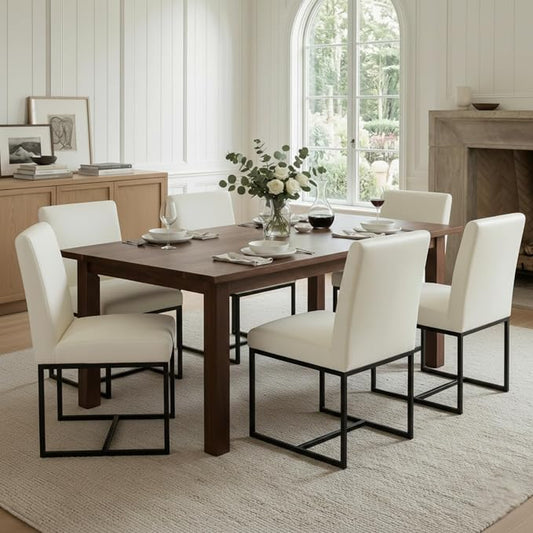 CIMOTA Modern Dining Chairs Set of 8, Leather Dining Room Chairs Upholstered Armless Guest Side Chair with Black Base for Dining Room/Kitchen, Cream 8PCS