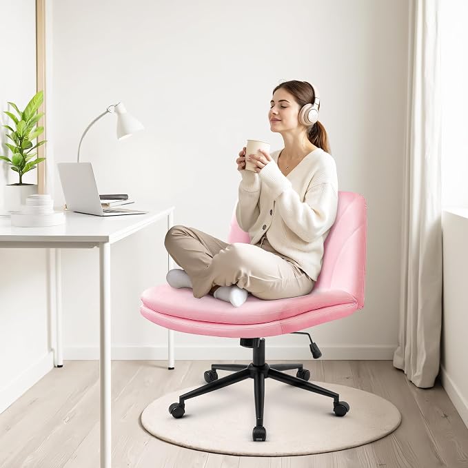 Orange Factory Criss Cross Chair with Wheels Comfy Wide Vanity Desk Chair Dual Base Leather Armless Adjustable Swivel for Home Computer Task (Pink Pu, Faux Leather)
