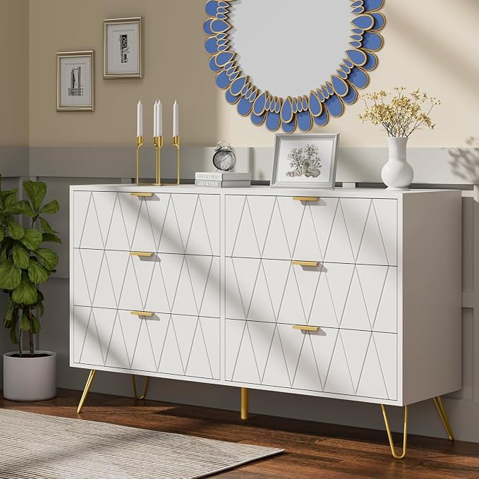Anbuy Bedroom Sets White Sets 3 Piece, Night Stand Sets and 6 Drawer Dresser for Bedroom, Two Drawers Nightstand Set of 2 & 6 Drawer Dresser Combo 3 Pieces (White)