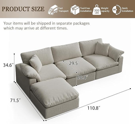 Modular Sectional Sofa Cloud Couch,Down Filled Comfy Cloud Modern Sofa,Light Beige Linen L Shape Oversized Couch Cushion Covers Removable Furniture for Living Room