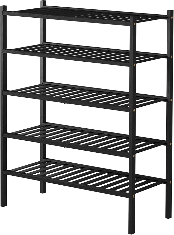 ROMGUAR CRAFT 5 Tier Bamboo Shoe Rack for Closet Free Standing Wood Shoe Shelf for Entryway Small Space Stackable 27"x11"x33" (Black)