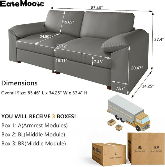 EASE MOOSE Loveseat Sofa for Living Room,Oversized Deep Seat Modular Sectional,Modern Comfy 2 Seater Sofas,Scratch Resistant Faux Leather Couch for Small Spaces,Grey