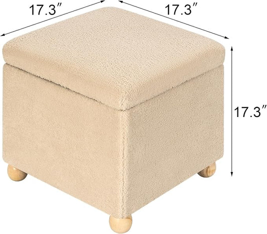 Adeco 17.3" Modern Oatmeal Teddy Velvet Storage Ottoman, Upholstered Cube Foot Stool with Hinged Lid, Round Solid Wood Legs, Versatile Vanity Seat for Living Room, Bedroom