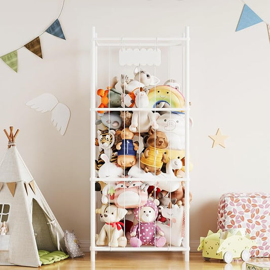 SpaceAid Stuffed Animal Storage Organizer, Wood Animals Zoo Toy Plushies Storage Holder, Large Capacity Plush Toy Cage for Playroom Organization, 22.8" Wide, White