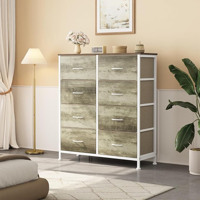 OLIXIS 8 Drawer Storage Dresser with Wood Top - Wide Fabric Chest Organizer for Bedroom, Closet, Living Room,Tower Cabinet, TV Stand, Hallway Entryway Furniture,Oak Greige