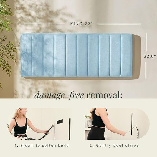 Hearth & Harbor Wall Mounted King Headboard Only, Bed Headboard King Size | Easy Assemble, Floating Peel and Stick, Upholstered, Channel Stitched, 3D Wall Panels, 5 Strips of 3M Tape Included, Ice Blue