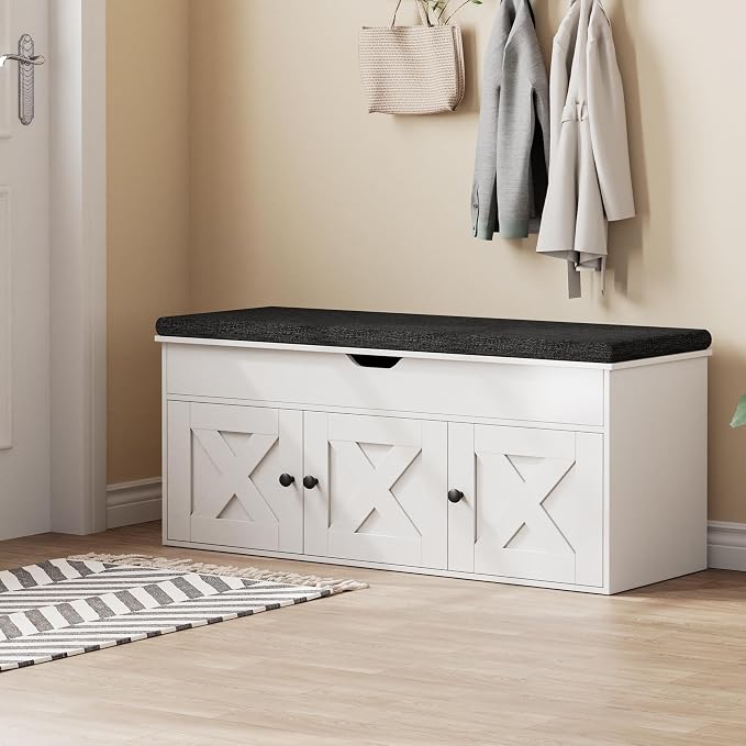 Homleke Shoe Storage Bench with Lift Top & 3 Barn Doors, Entryway Bench with Removable Cushion, Adjustable Shelf, Hidden Storage Cabinet for Hallway, Living Room, Bedroom - White