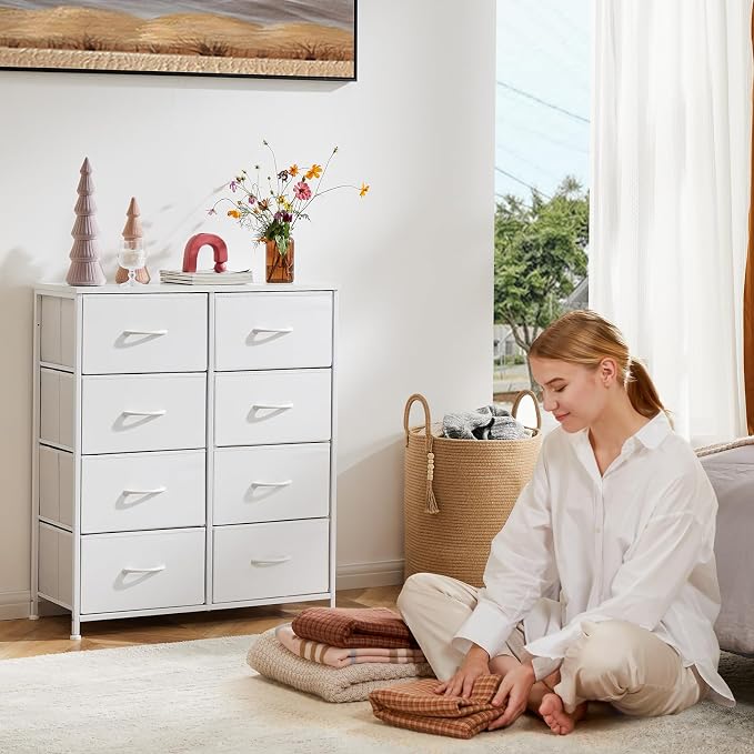 DUMOS Dresser for Bedroom with 8 Fabric Drawers, Tall Chest Organizer Units for Clothing, Closet, Kidsroom, Storage Tower with Cabinet, Metal Frame, Wooden Top, Lightweight Nursery Furniture, White