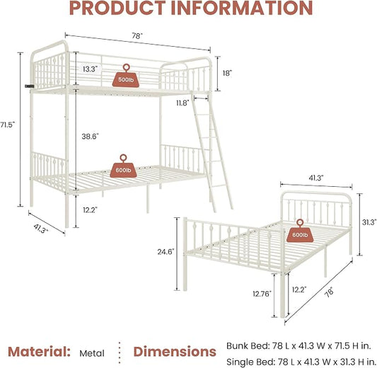 SHA CERLIN Convertible Twin Over Twin Bunk Bed, CPC Certified,White | Victorian Iron-Art Headboard and Footboard,Space-Saving Metal Bunk Bed with Guardrail & Ladder,No Box Spring Needed
