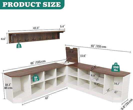 DWVO 61" L-Shaped Shoe Rack with Bench and Hooks, Corner Shoe Cabinet with Hidden Storage, Coat Rack & Seating for Entryway, Hallway, Bedroom, 61" D x 61" W x 18" H, White & Walnut