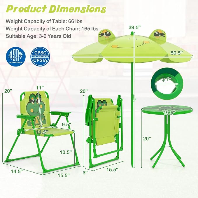 HONEY JOY Kids Picnic Table, Animal Themed Toddler Outdoor Table and Chair Set, 2 Folding Chairs & Removable Umbrella, Children Outdoor Furniture for Backyard Patio Garden (Light Green Frog)