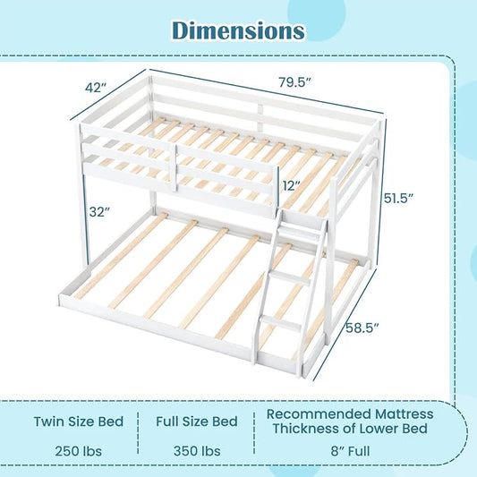 Giantex Twin Over Full Bunk Bed, Solid Wood Kids Bunk Bed with Full-Length Guardrails & Ladder, Low Bunk Beds with Slats Support for Kids, Teens, No Box Spring Needed, White