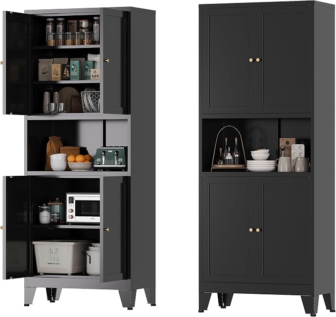Metal Storage Cabinet, 69" Tall Bathroom Cabinets with 4 Doors & 3 Adjustable Shelves Large Cupboard, Black Metal Pantry Cabinets for Kitchen, Home Office, Garage, Warehouse