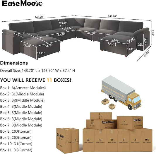EASE MOOSE Oversized Modular Sectional Sofa with Ottoman, Modern Wide Deep Modular Cloud Couch, U Shaped Couch for Big Spaces Living Room,Dark Grey