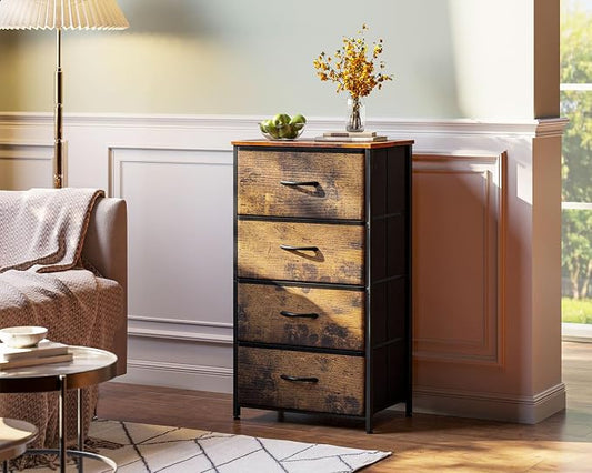 AODK Dresser for Bedroom with 4 Storage Drawers, Small Dressers Chest of Drawers Fabric Dressers with Sturdy Steel Frame, Dresser for Closet with Wood Top, Vintage