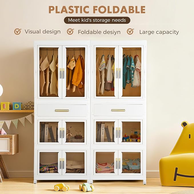 YHB Portable Storage Closet Cabinet, Easy Assembly Wardrobe Organizer with Visualization Doors, Drawers, Hanging Rods, Rolling Wheels for Pet Dog Clothes, Toys