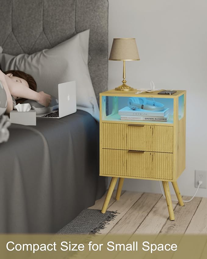 JOONEE Nightstand with Charging Station and LED Lights,Modern Bedside Table with 2 Storage Drawer and Open Wood Shelf, for Bedroom and Small Spaces,Night Stand with Solid Wood Legs (Yellow Oak)