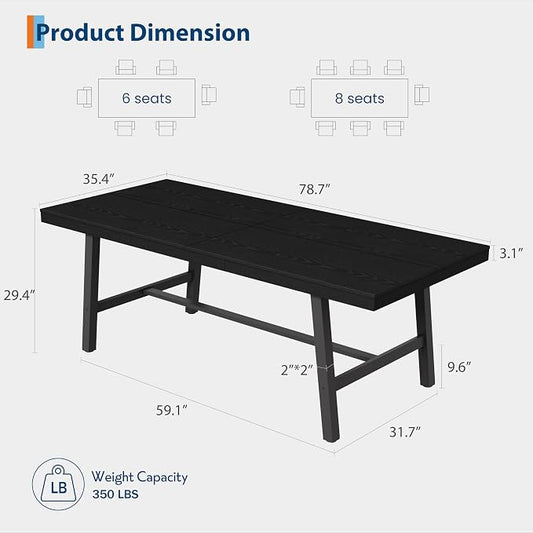 GarveeHome Industrial Dining Table for 6-8 People, 78.7" Long Large Kitchen Table with Sturdy Metal Frame, Rectangular Counter for Dinner, Kitchen, Dining Room (Black, 79" Non-extendable)