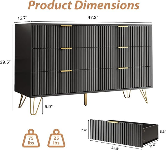 MAISONARIA Black Dresser for Bedroom, Modern Dresser with Gold Metal Handles & Chests of Drawers, Wood Chest of Drawers for Bedroom