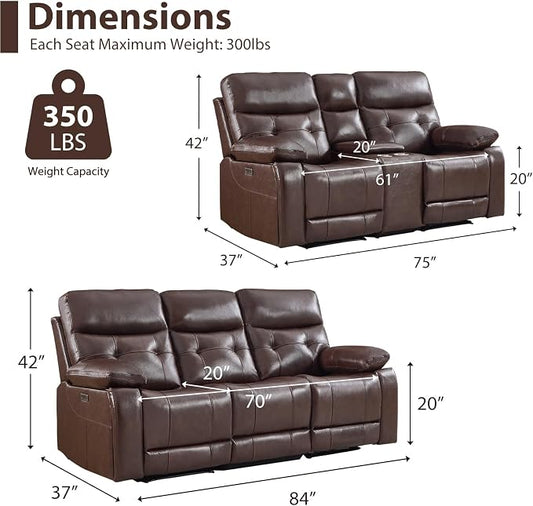 CANMOV Genuine Leather Power Reclining Sofa Set, Power Recliner Sofa and Loveseat Set, 2 Pieces Leather Couch with Storage Console, USB Ports, Cup Holders for Living Room,Dark Brown