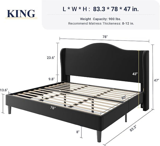 Allewie King Size Bed Frame, Upholstered Wingback Platform with 47" Tall Tufted Headboard, Plush Velvet Fabric, Modern Minimalist Design, No Box Spring Required, Tool-Free Assembly, Black