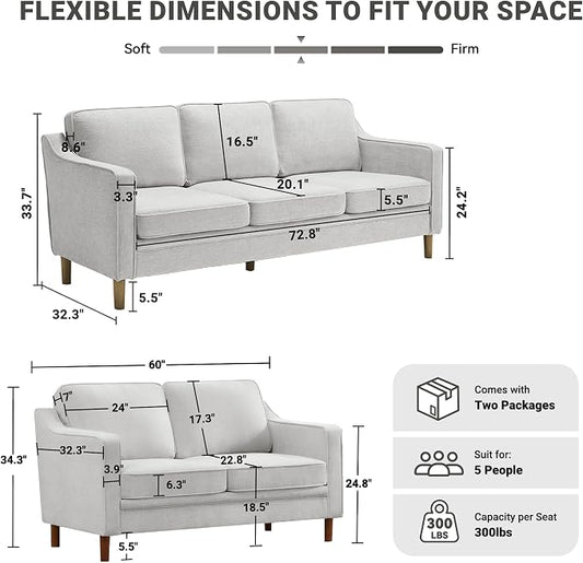 Kingfun Couch Sets for Living Room, 3 Seater Couch and Loveseat, Mid Century Modern Sofa Set, Chenille Couch with Solid Wood Frame for Bedroom