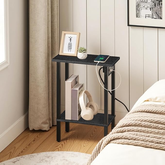 HOOBRO Small End Table with Charging Station, Narrow Side Table with USB Port and Outlets, Skinny Sofa Table, Slim Nightstand, Living Room, Bedroom, Black BK240UBZ01
