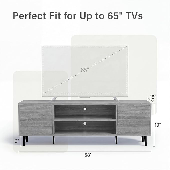 JUMMICO Mid-Century Modern TV Stand for 55-65 Inch TVs, 58 Inch Media Console with Storage, Entertainment Center with Push-Open Cabinets and Cable Management for Living Room (Grey, 58 Inches)
