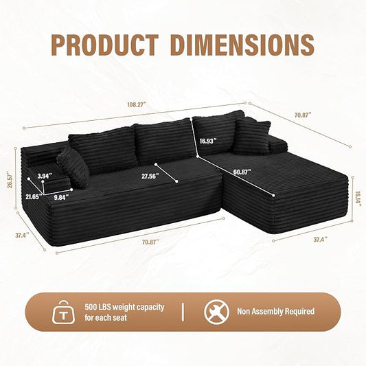 Hobestluk Boneless Couch Modular Sectional Sofa L-Shape Oversized Chaise | 108" Right Facing Chaise Charcoal,Memory Foam,Removable Cover,Non-slip Bottom,No Assemble Required,Living Room Furniture