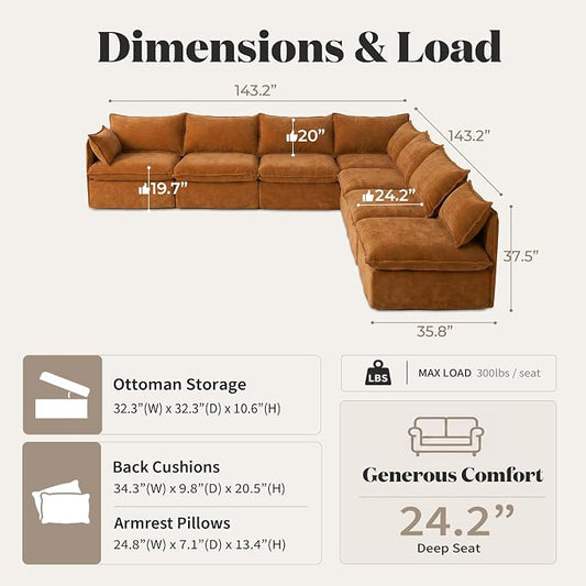 Cloud Modular Corner Sectional, Oversized Deep Seat Comfort, Luxe Chenille | Fully Removable Washable Covers, Memory Foam Seat Cushions, Premium Fabric
